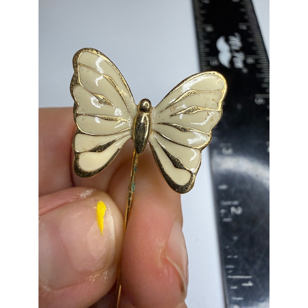 Trifari Butterfly Stick Pin Gold Tone Cream Enamel Lapel Pin Vintage Accessory
